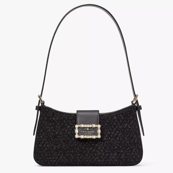 Kate Spade NEW Reegan Black Tinsel Tweed Shoulder Bag Pearl Embellished Party - Picture 1 of 12